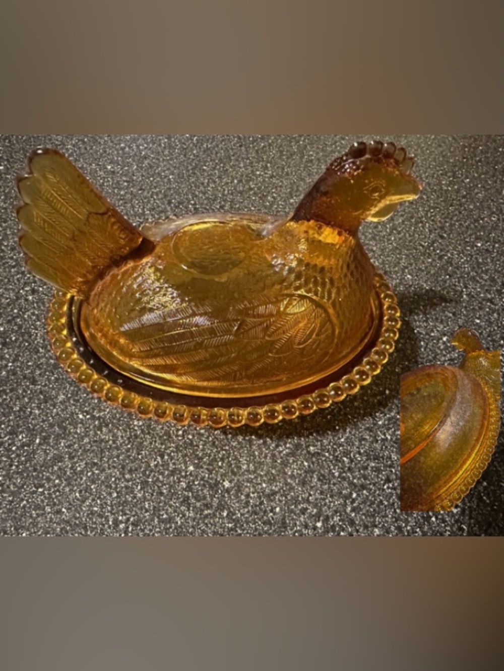 Updated-Vintage Amber Glass Hen Covered Dish with Beaded Base